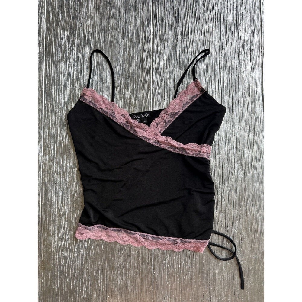 Vintage Y2K XOXO Cami Top Large Black Pink Lace Ruched Side Tie Made USA